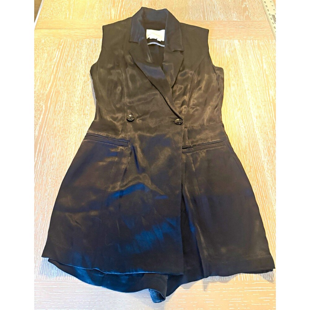 Anthropologie Black Satin Collared Sleeveless Button Romper One-Piece 6